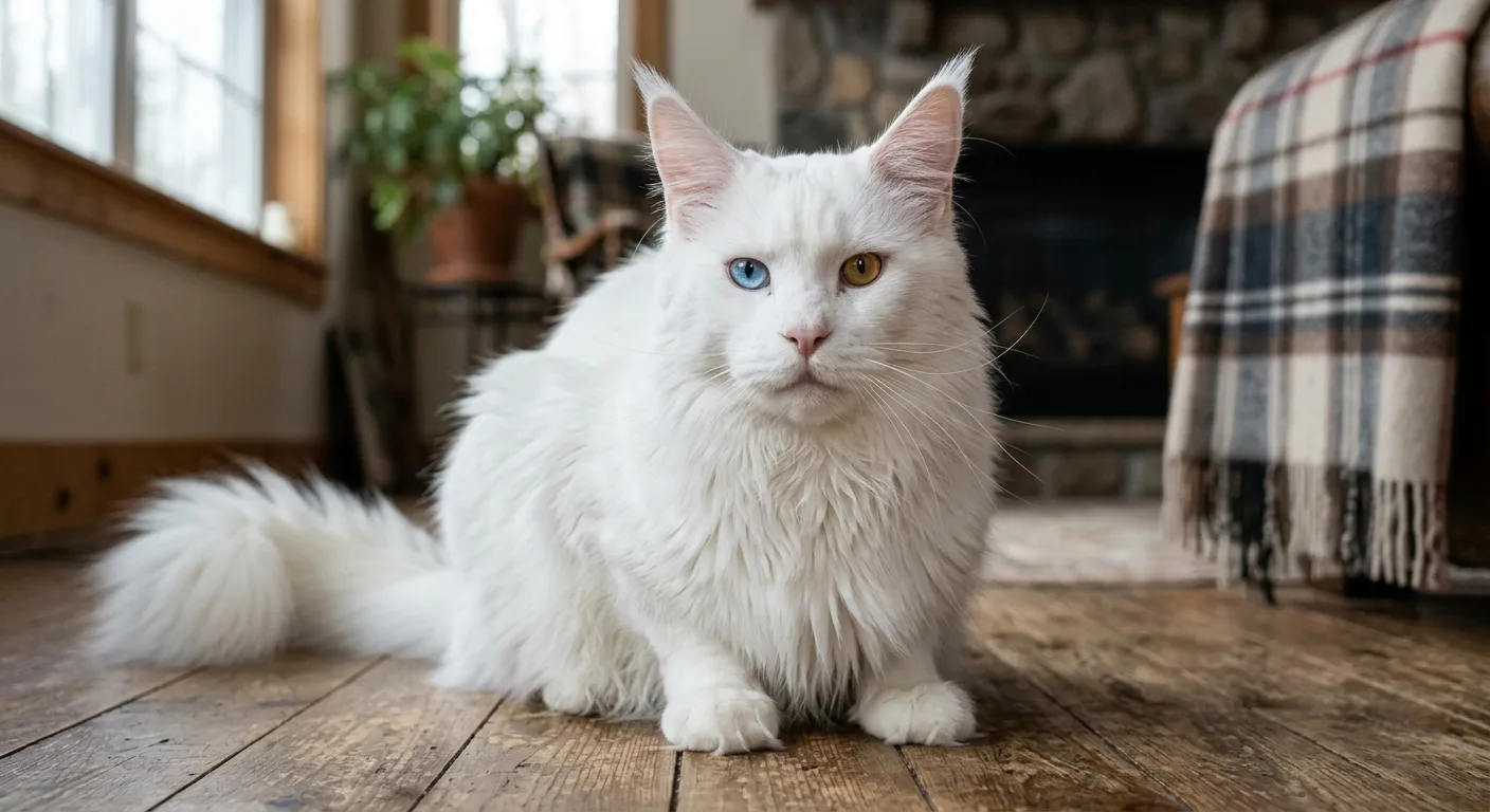 An odd-eyed white Maine Coon facing the camera, one blue eye and one gold eye visible, long ear tufts prominent