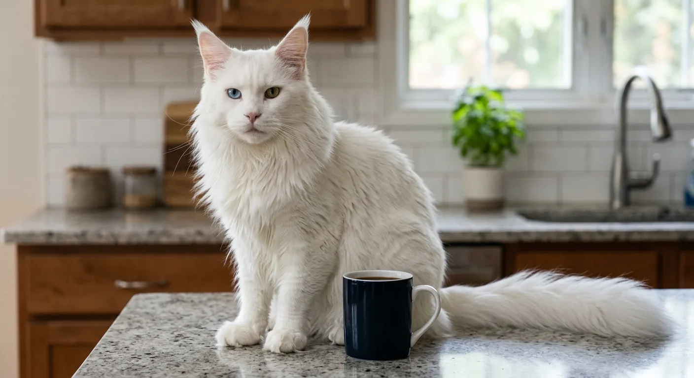 A white Maine Coon sitting next to a standard-size coffee mug on a kitchen counter, conveying the cat's substantial size
