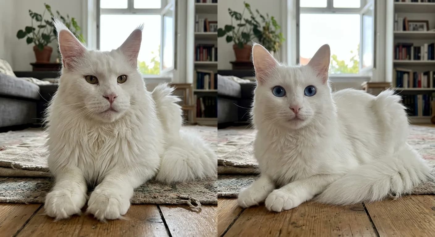 Side-by-side-style portrait of a white Maine Coon and a white Turkish Angora showing structural differences: squarish muzzle vs wedge head, heavy bone vs fine bone, ear tufts vs no tufts