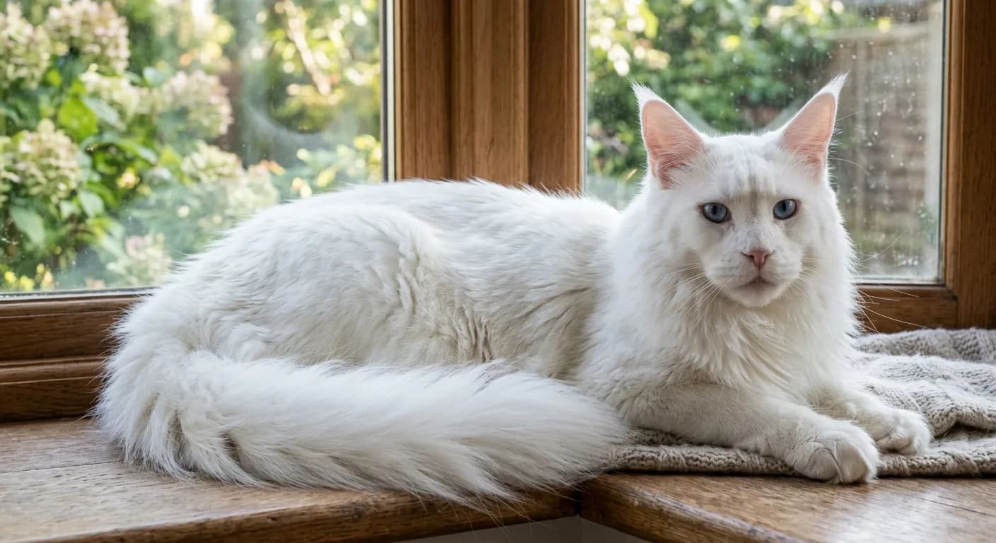 A white Maine Coon resting on a wide windowsill, coat luminous in soft natural light, long tail curled around the body