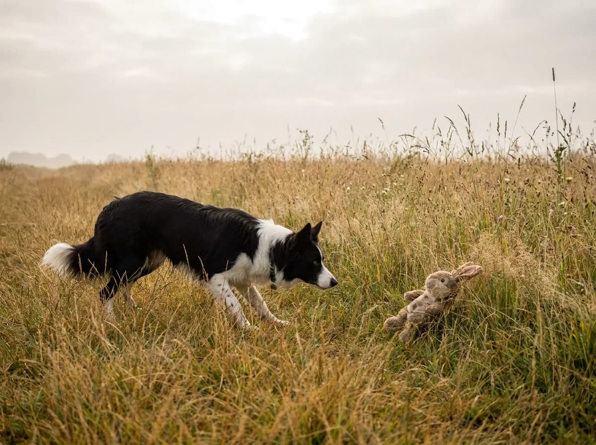 Border collie in a tall-grass field frozen in a stalk posture, eyes locked on a squeaky plush rabbit toy lying ahead of it