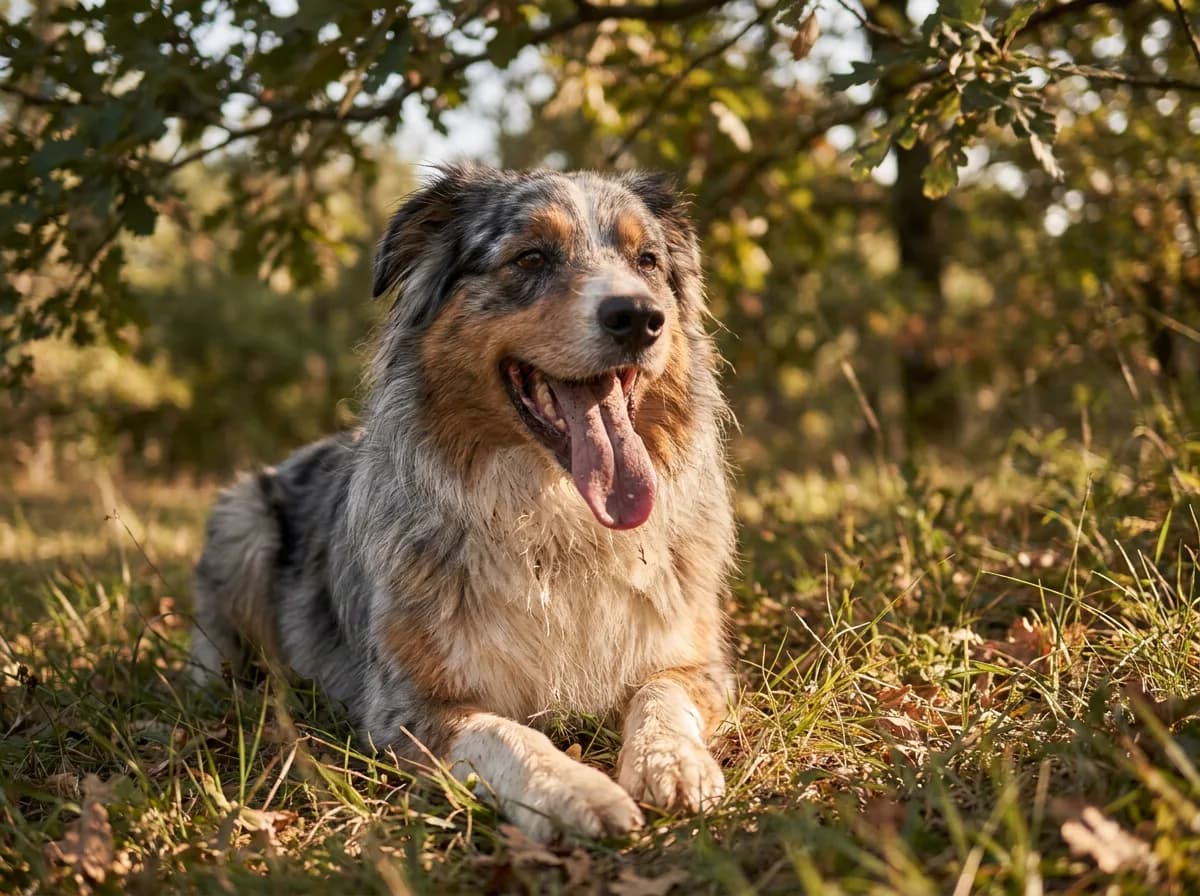 Australian Shepherd lying in dappled shade under a tree, panting with tongue out after play