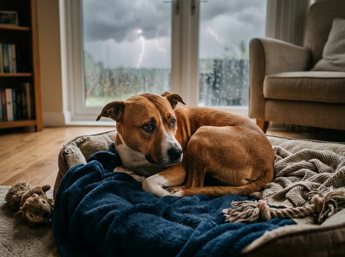 Anxious dog during a thunderstorm, showing typical stress response