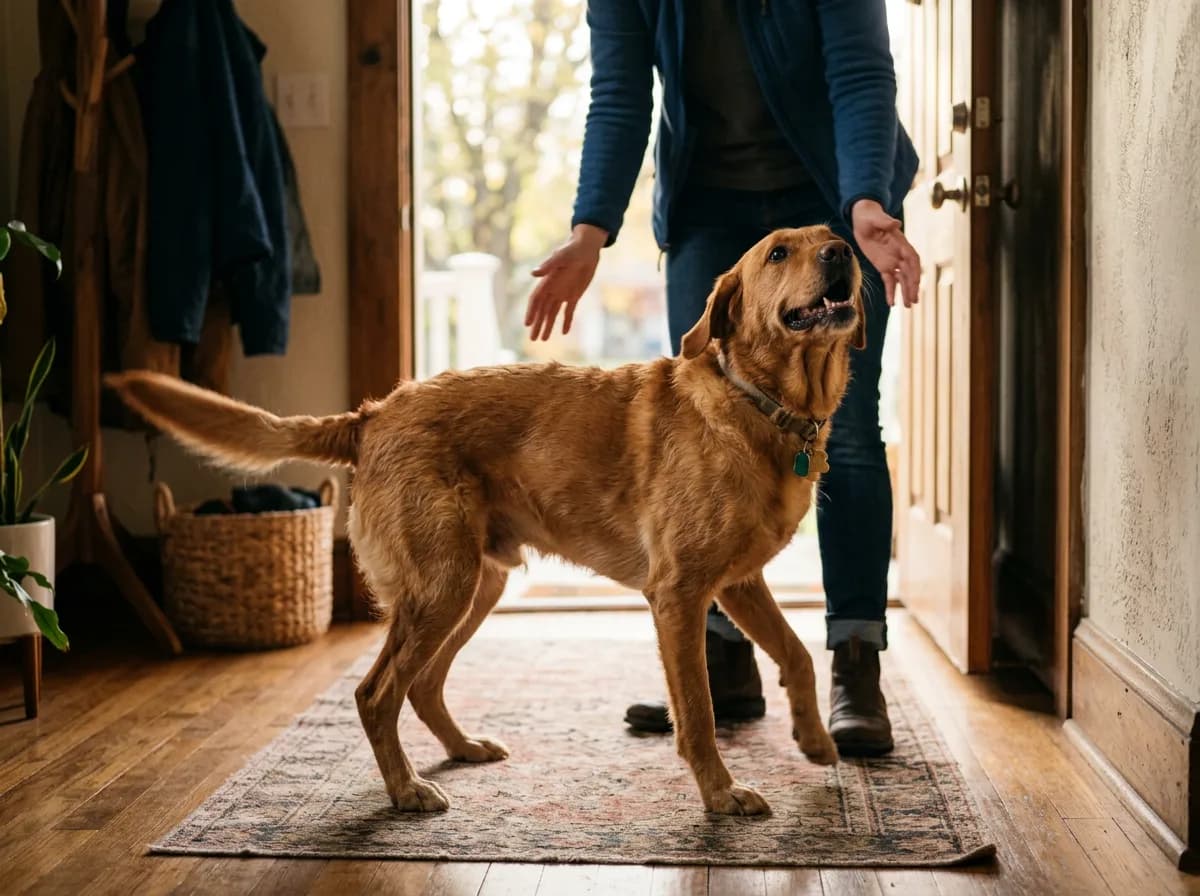 Dog trembling with excitement when owner comes home