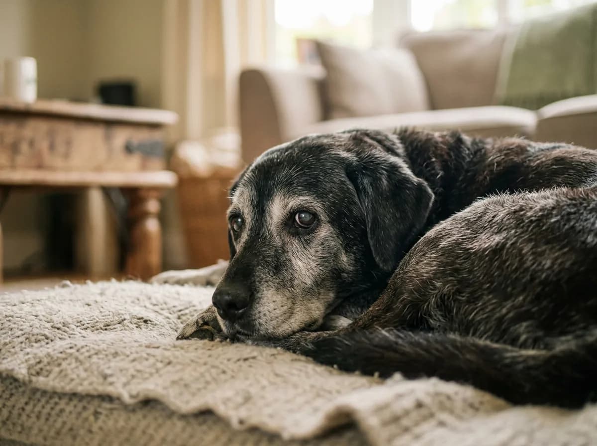 Senior dog trembling, possibly from pain or age-related condition