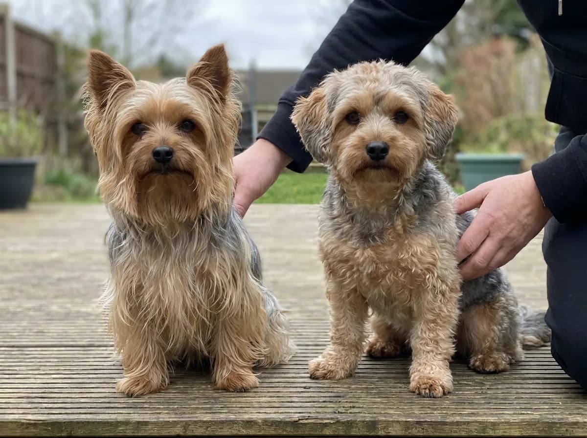 Illustrated yorkshire Terrier and brown curly-coated small dog sitting side by side.