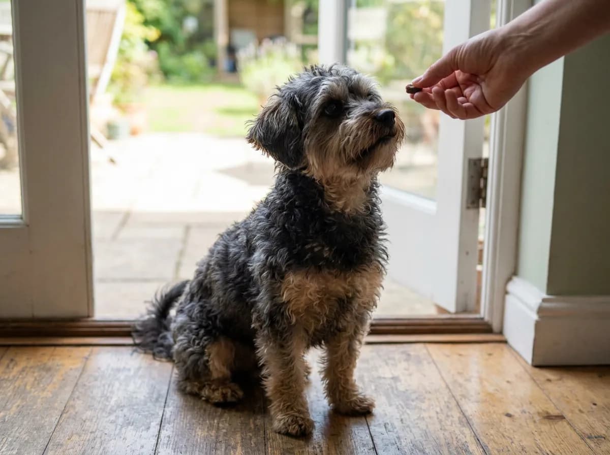 Illustrated small black-and-tan curly-coated dog receiving a reward near a doorway.