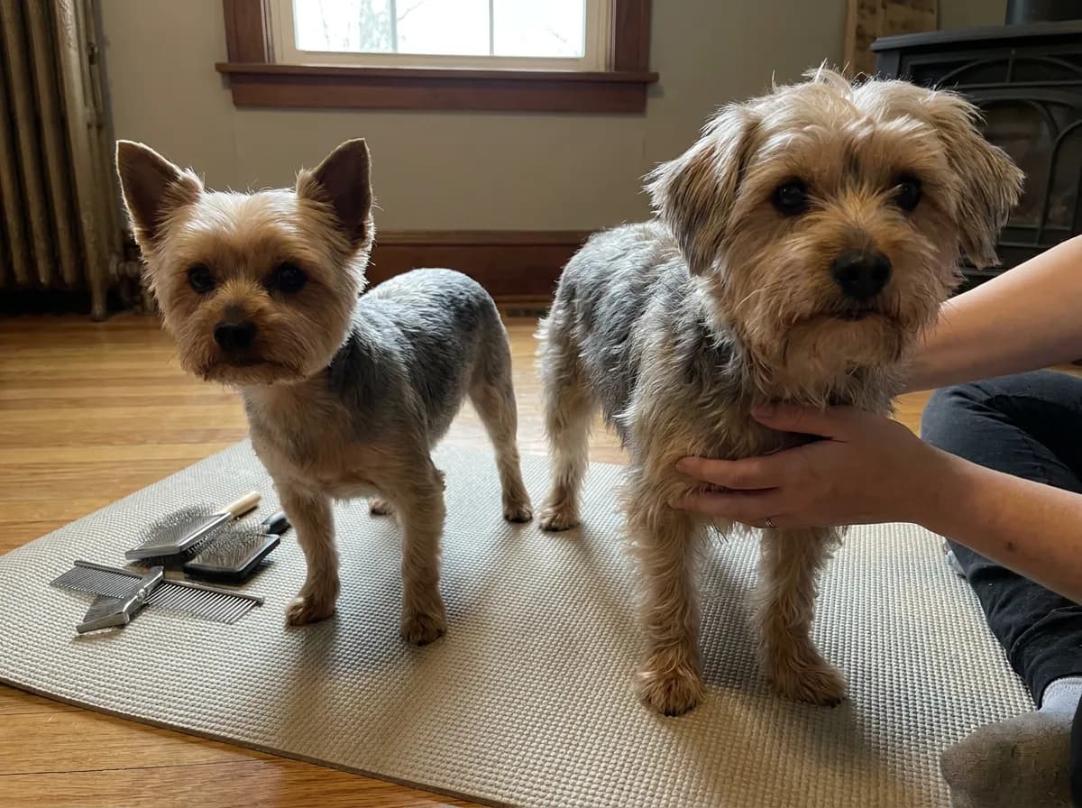 Illustrated yorkshire Terrier and gray-and-tan shaggy-coated small dog standing beside grooming tools.