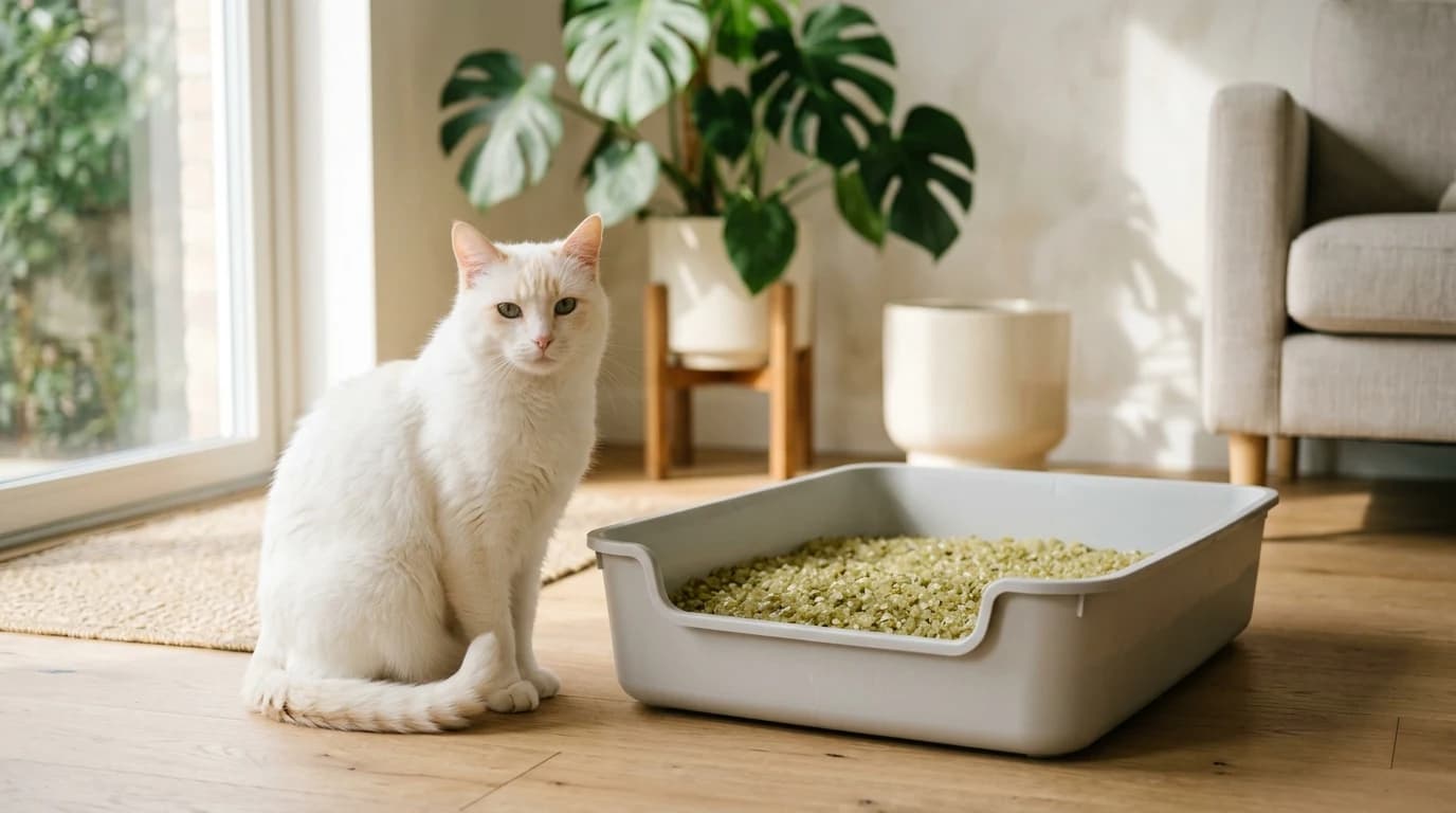 A calm white cat sitting beside an open litter box filled with healthy yellow-olive silica gel crystals, illustrating the normal color reading on Pretty Litter color-changing cat litter.