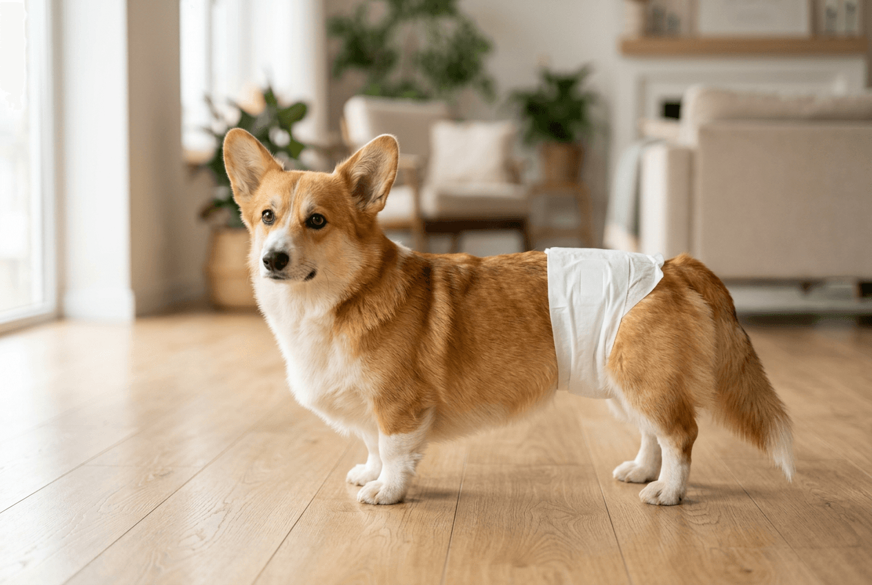 A Pembroke Welsh Corgi wearing a plain white disposable dog diaper in a bright living room.