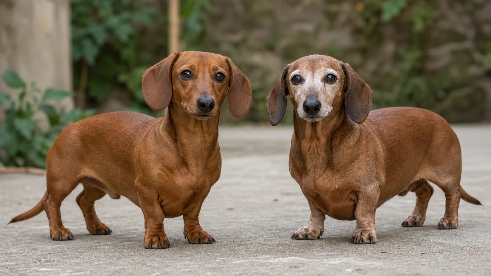 Younger and senior smooth red Dachshunds standing together in neutral daylight