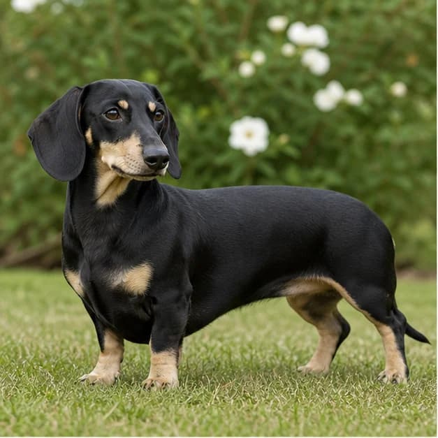 Black and cream Dachshund standing naturally with pale cream facial and leg points