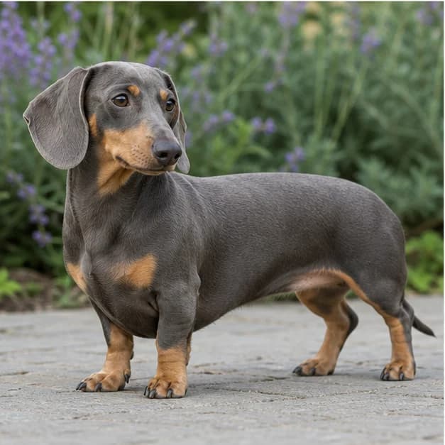 Blue and tan Dachshund standing in neutral daylight with slate-gray body pigment