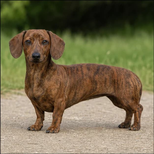 Brindle Dachshund in natural daylight showing dark stripes over a red base