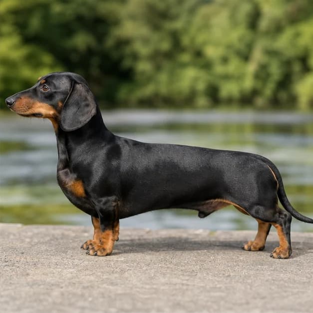 Black and tan Dachshund in side view showing clear points above the eyes and on the legs