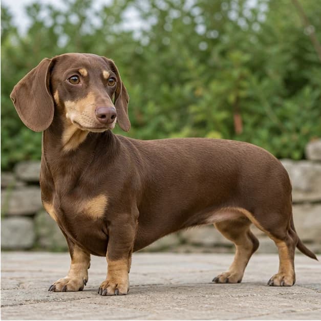 Chocolate and cream Dachshund in side view with brown body pigment and pale points
