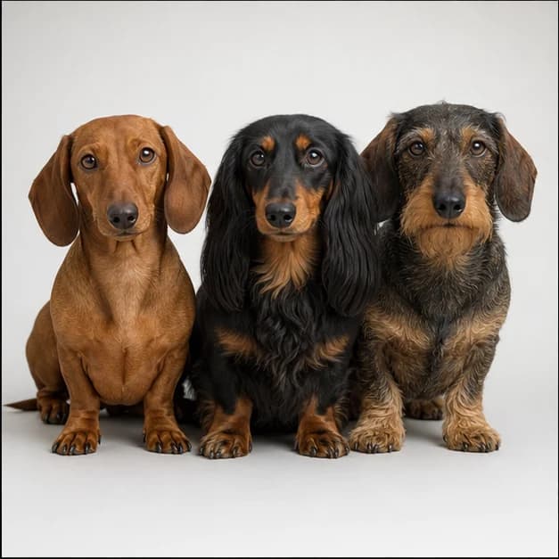 Smooth, longhaired, and wirehaired Dachshunds standing together in neutral daylight