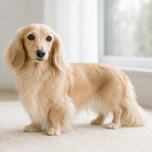 Longhaired cream Dachshund standing in soft neutral daylight