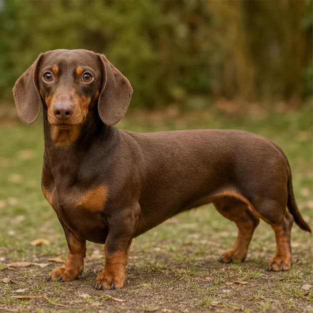 Chocolate and tan Dachshund outdoors showing brown body pigment and tan points