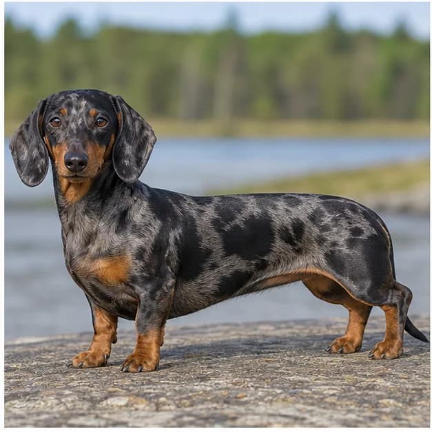 Single-dapple Dachshund showing irregular lighter patches across a darker base coat