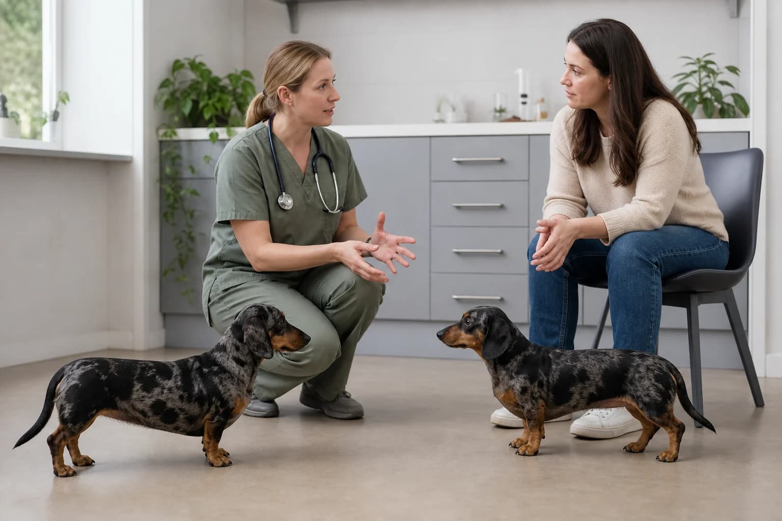 Two healthy dapple Dachshunds standing separately in a calm veterinary reception area