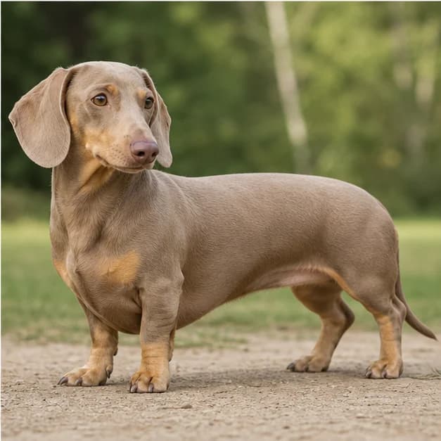 Isabella and tan Dachshund standing outdoors with pale taupe body pigment
