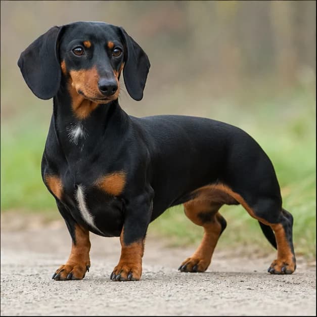 Dachshund showing clear tan eyebrow, muzzle, chest, and leg points plus a small white chest mark