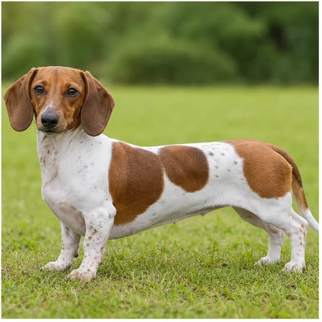 Piebald Dachshund standing on grass with defined white areas and colored patches