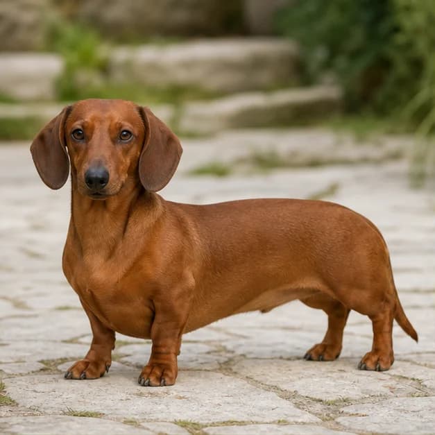 Full-body smooth red Dachshund in natural daylight showing an even copper-red coat