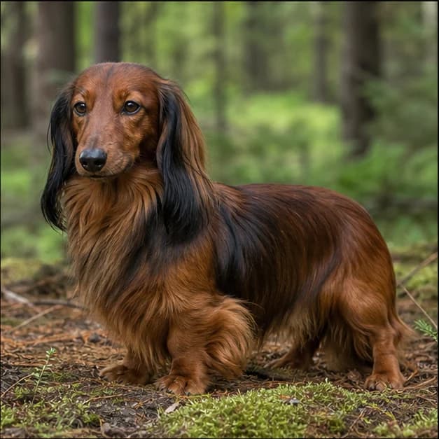 Longhaired sable Dachshund outdoors showing dark-tipped hairs over a lighter base