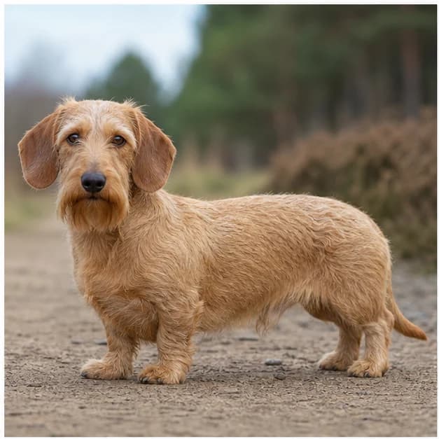 Full-body wheaten wirehaired Dachshund showing a light straw-colored coat
