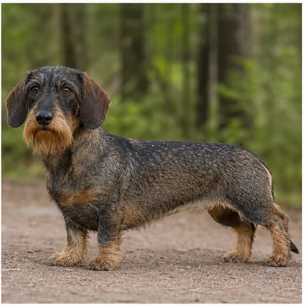 Wild-boar wirehaired Dachshund in side view showing a grizzled banded coat
