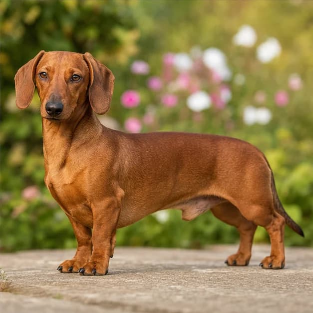 Smooth red Dachshund standing outdoors in neutral natural daylight