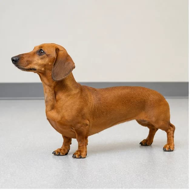 Healthy-weight Dachshund shown from the side and a slight top view for body-condition assessment