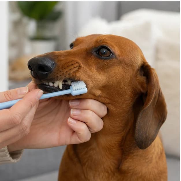 Owner gently brushing a calm Dachshund's teeth with a dog toothbrush
