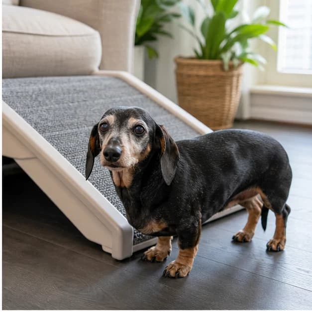 Senior Dachshund standing beside a low ramp on a nonslip living-room floor