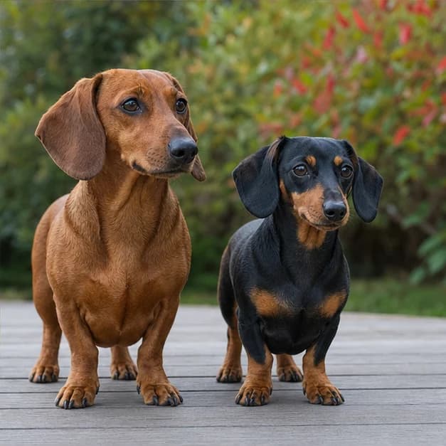 Adult standard and miniature Dachshunds standing together for a clear size comparison