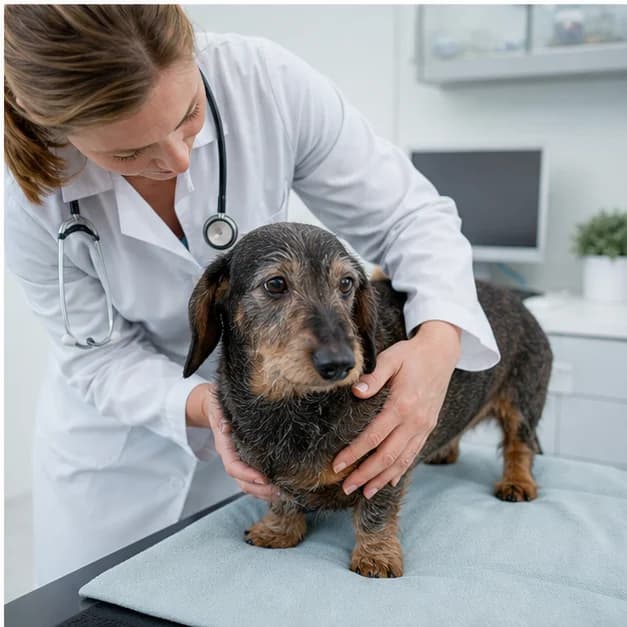 Veterinarian examining an older Dachshund on a padded nonslip surface