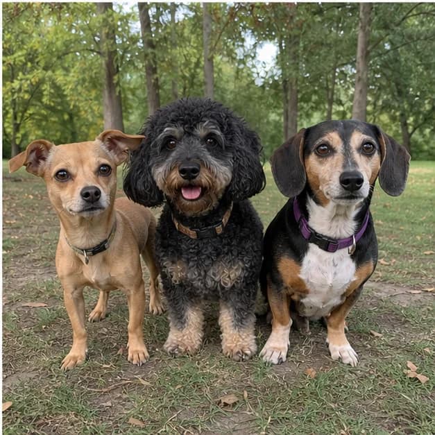 Three visibly different adult Dachshund mixes standing together outdoors with realistic body shapes and coats