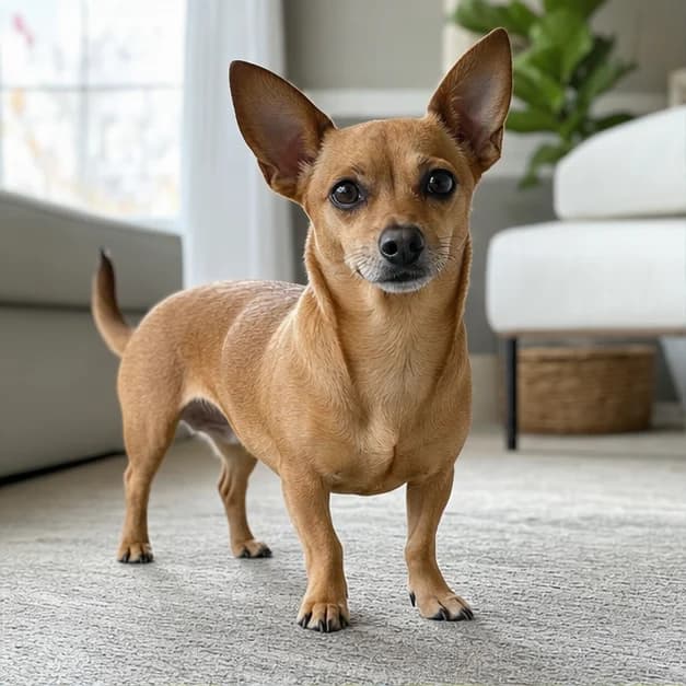 Adult Chihuahua Dachshund mix standing naturally in daylight with its full body visible