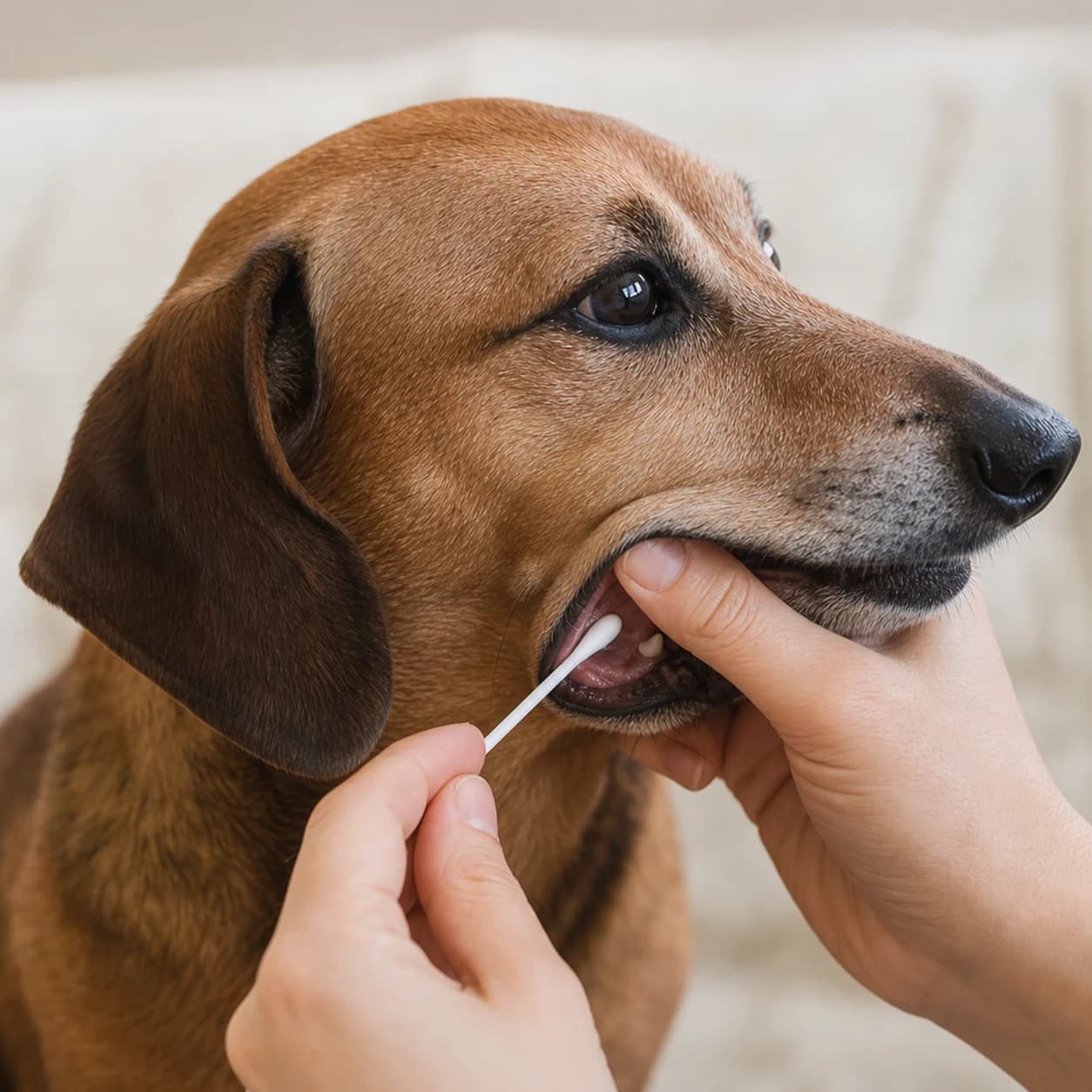 Owner gently collecting a cheek swab from an adult Dachshund mix for a nonbranded DNA test