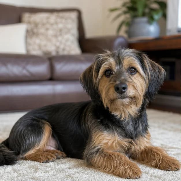 Adult Yorkshire Terrier Dachshund mix standing comfortably in a home with a realistic mixed coat