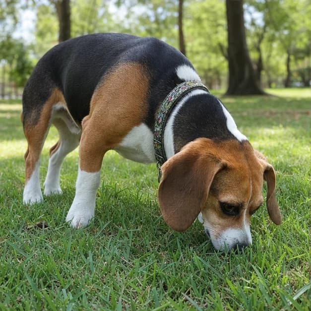 Adult Beagle Dachshund mix sniffing grass on a relaxed outdoor walk