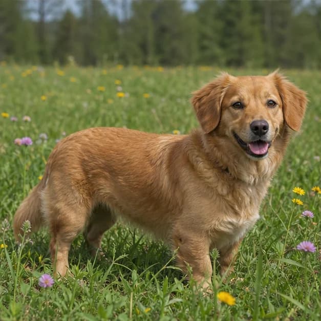 Adult Golden Retriever Dachshund mix standing naturally with realistic proportions and feathering