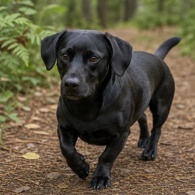 Adult Labrador Dachshund mix walking naturally on a wooded trail with its full body visible