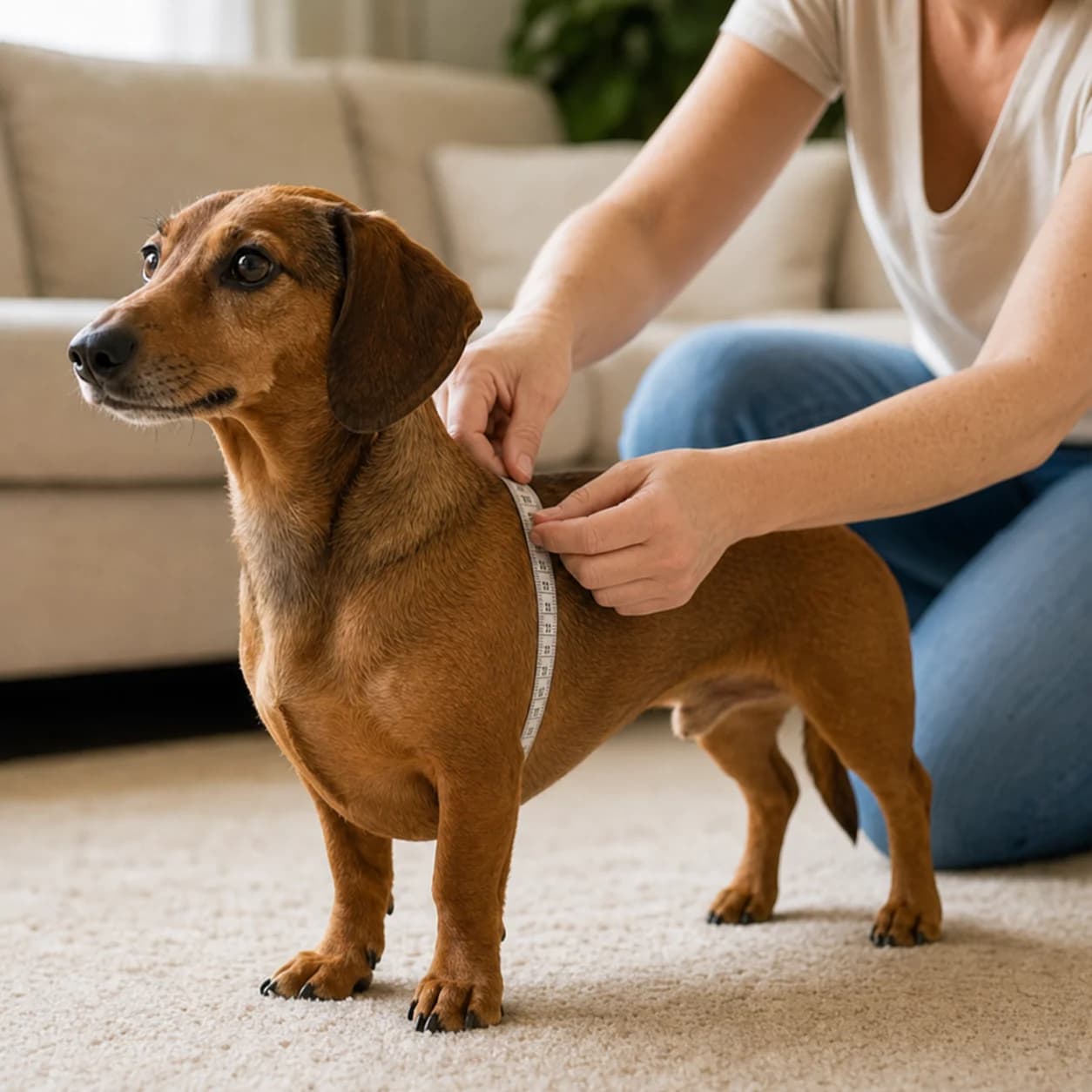 Owner measuring an adult Dachshund mix chest girth for a harness while the dog stands calmly