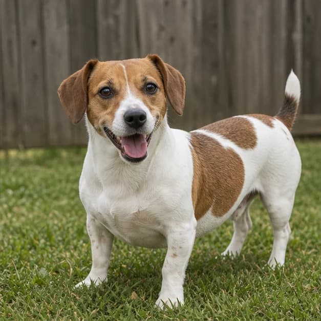 Adult Jack Russell Terrier Dachshund mix standing alertly in a securely fenced yard