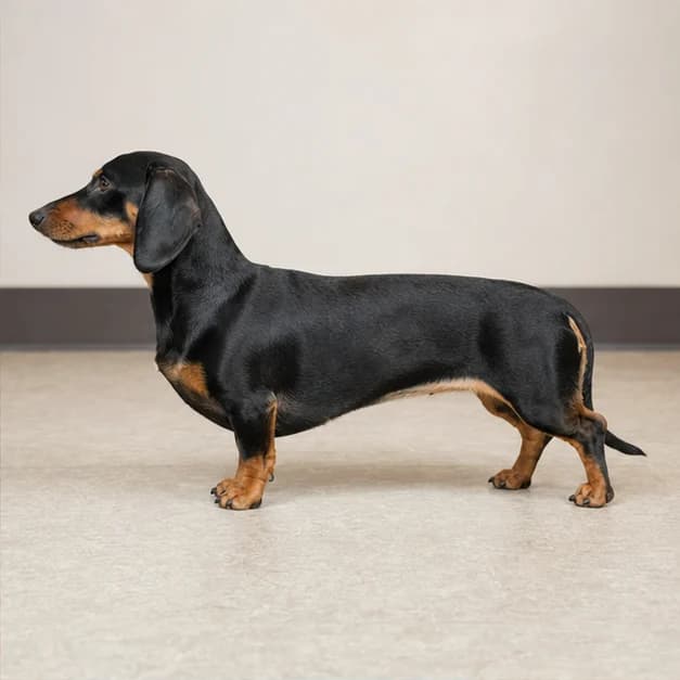Healthy-weight adult Dachshund standing in a neutral side view for body-condition discussion