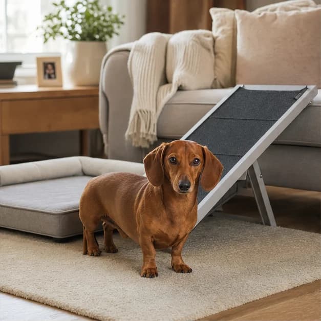 Dachshund standing beside a low stable ramp on a nonslip rug in a practical living room