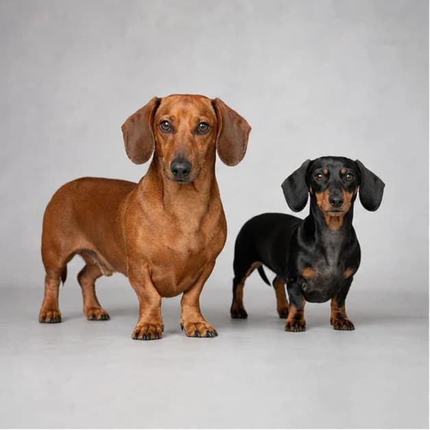 Adult standard and miniature Dachshunds standing side by side on the same level surface for an honest size comparison